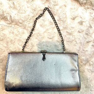 Vintage 1960s Silver Leather Clutch Convertible Handbag